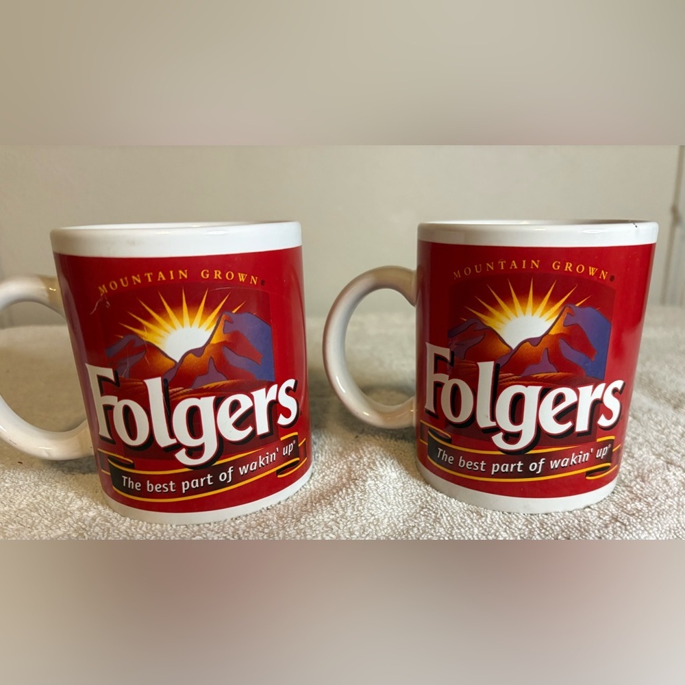 VTG FOLGERS Mountain Grown COFFEE MUGS-2 "The Best Part If Waking Up" PROMO
